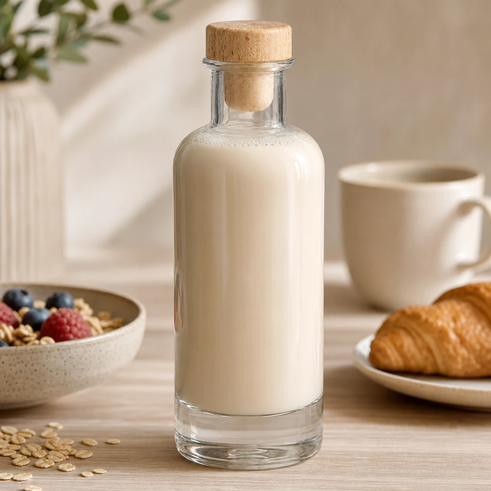 200 ml glazen fles Ella met houten kurk gevuld met havermelk op de ontbijttafel met muesli en croissant