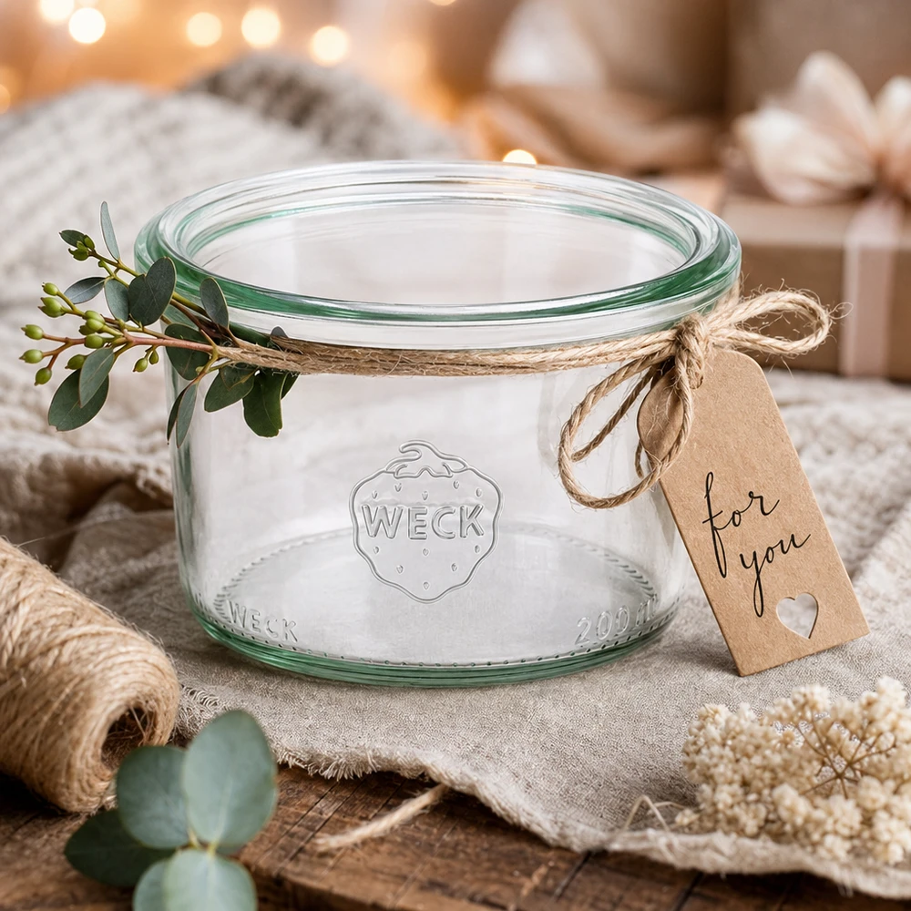 WECK RR80-pot van 200 ml WECK bekers 200ml RR80 met deksel, gedecoreerd met eucalyptus en cadeaulabel op een rustieke houten tafel