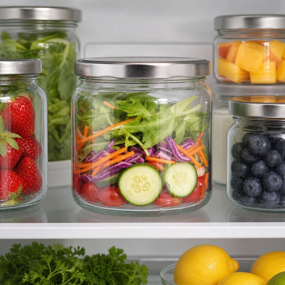 408ml rond glas met BasicSeal deksel zilver UNiTWIST 408ml BasicSeal ronde pot zilver in de koelkast gevuld met salade Meal Prep Container voorraadpot keuken