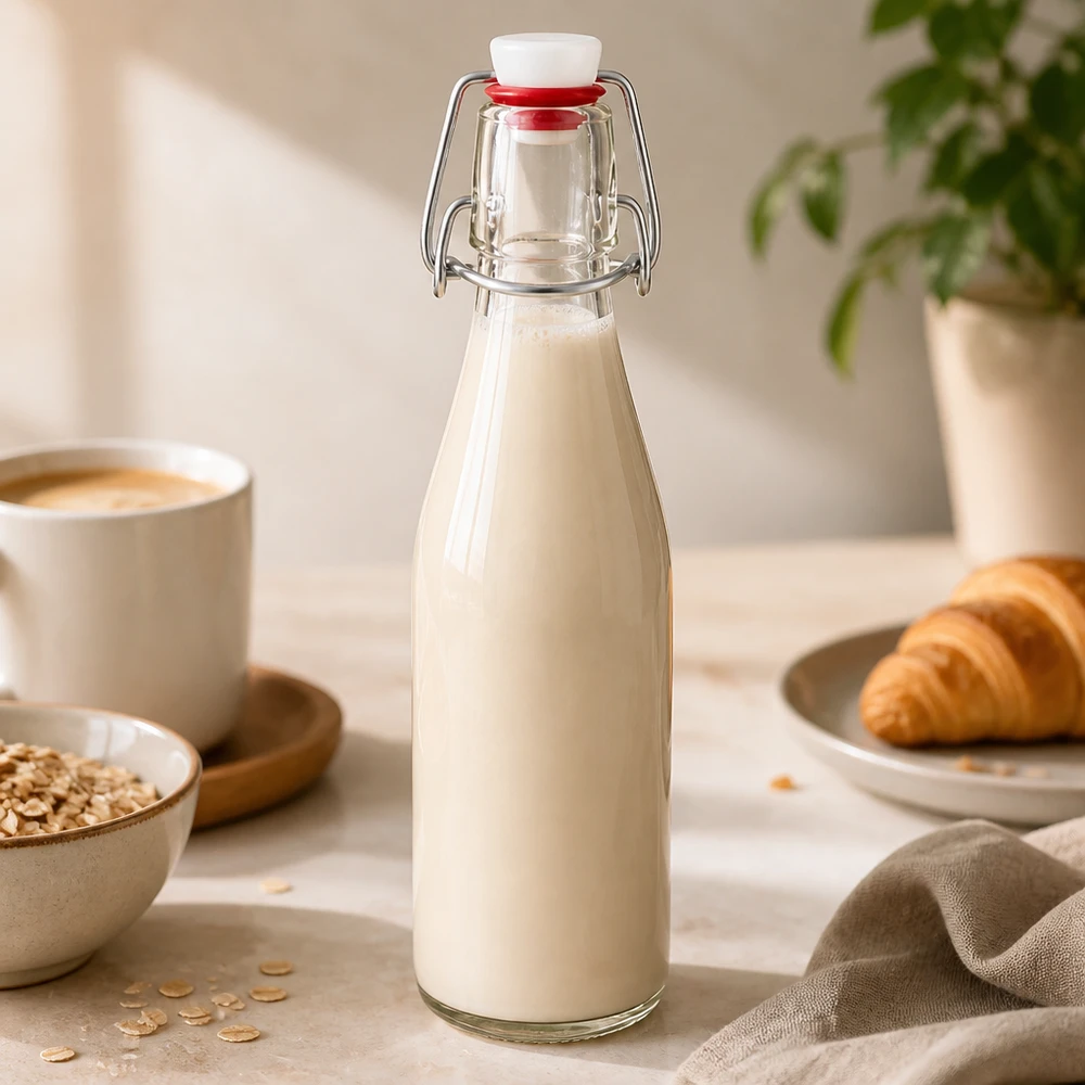 Glazen fles van 250 ml + zwenktop porseleinen UN... Glazen fles 250ml met draaidop gevuld met melk naast havervlokken, koffiekopje en croissant