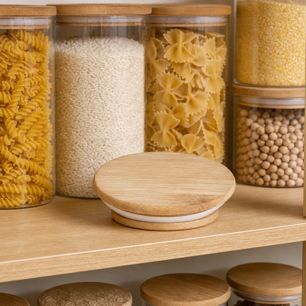 Houten deksel WECK RR60 WECK RR60 houten deksel in een praktische keukensetting tussen voorraadpotten met pasta rijst en peulvruchten