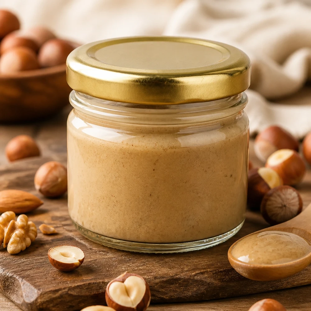 Compacte inmaakpot 33 ml BasicSeal goud voor notenpasta met een rustieke houten achtergrond