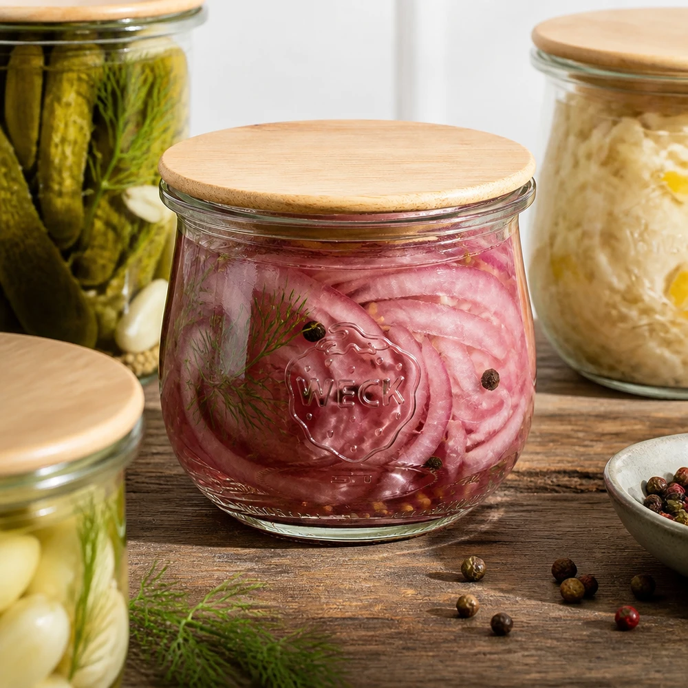 WECK tulpenpot 370ml RR80 met houten deksel voor ingemaakte rode uien tussen kruidenpotjes op een houten tafel