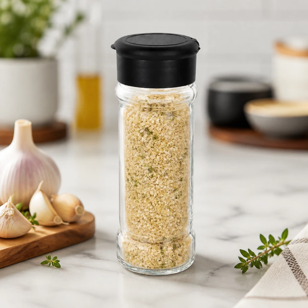 Compact kruidenpotje van 100 ml met strooifunctie in een moderne keukenomgeving