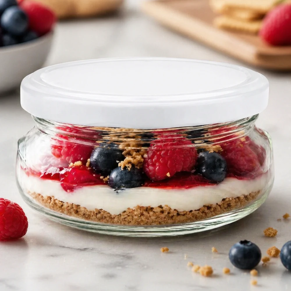 120ml terrine met BasicSeal deksel wit UNiTWIST 120 ml terrine met wit deksel gevuld met bessendessert en biscuitbodem op marmeren bord