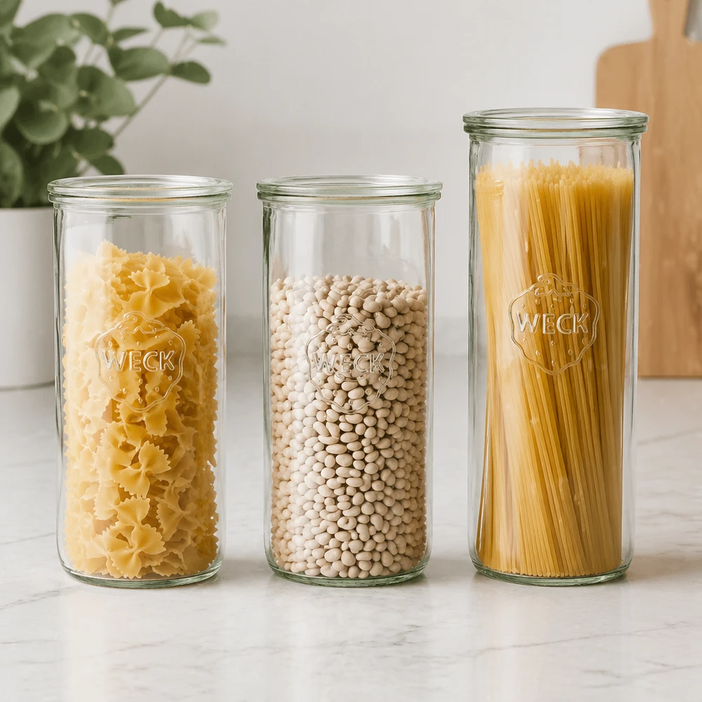 1500ml stortglas met glazen deksel WECK RR100 WECK RR100 Set gevuld met pasta bonen en noedels voorraadpot 1500ml keuken modern