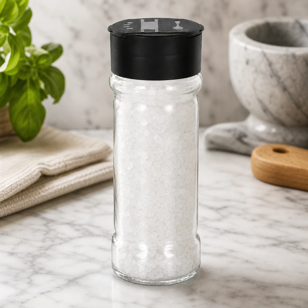 Doorzichtig zoutglas van 100 ml met een zwarte strooideksel en zichtbare zoutkristallen binnenin