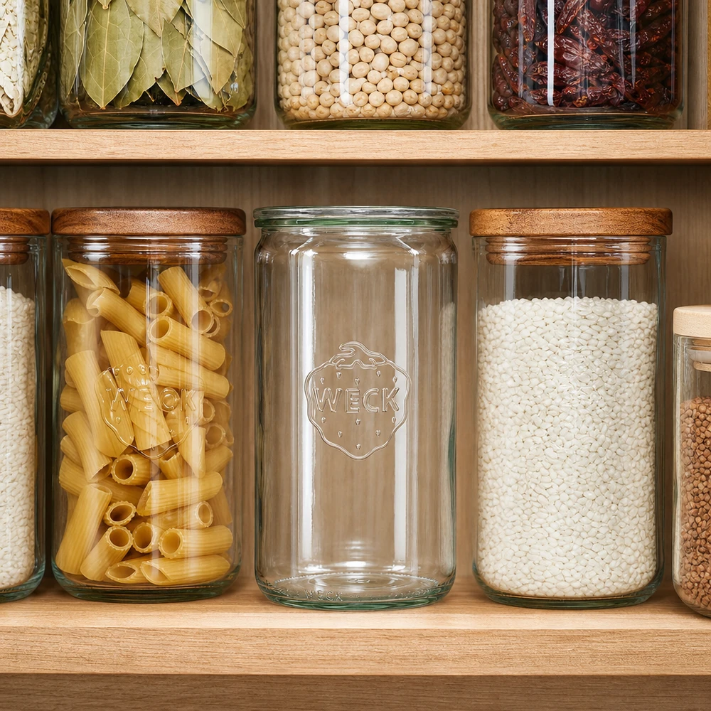 1590ml cilinderglas met glazen deksel WECK RR100 WECK voorraadpot 1590ml RR100 in georganiseerde voorraadkast tussen pasta en rijst gevuld met houten planken