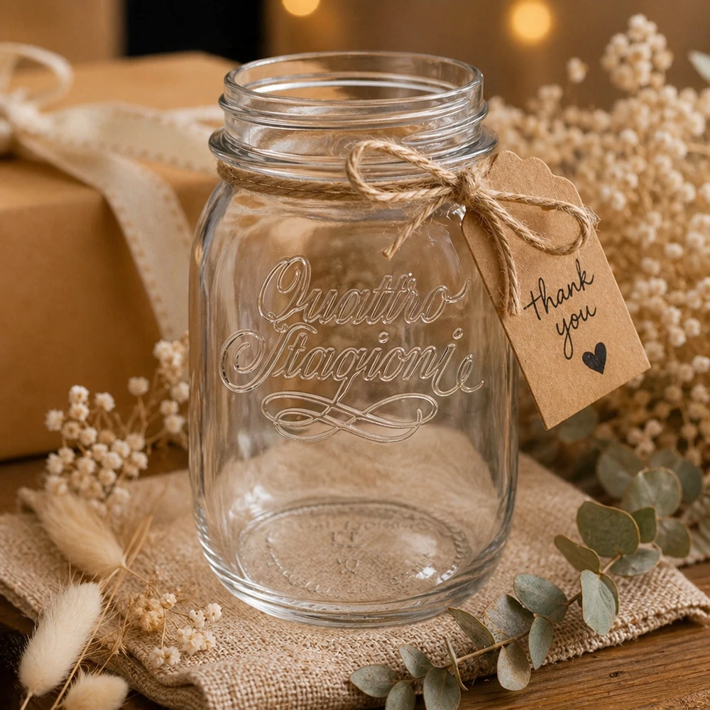 500 ml Quattro Stagioni huishoudpot met bedankkaartje op een rustieke houten tafel versierd met gedroogde bloemen