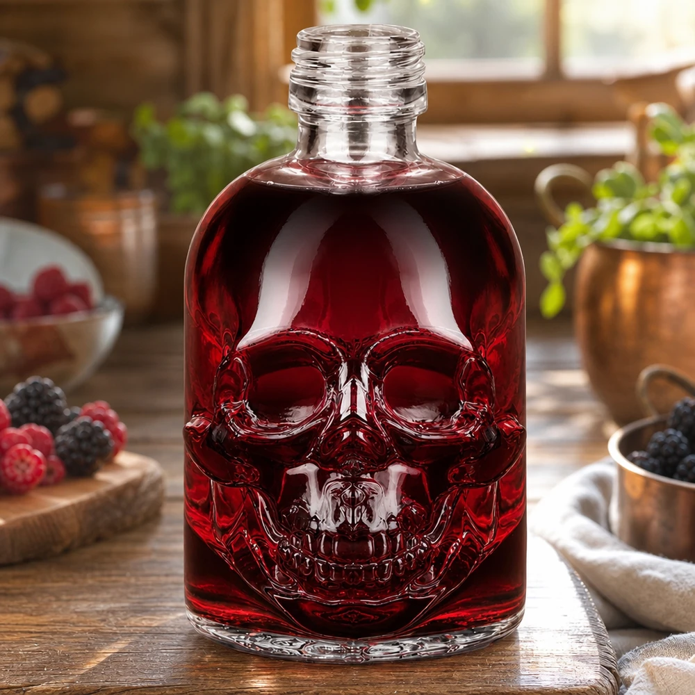 50 ml glazen fles Hector zonder schroefsluiting UNiTWIST® Schedel glazen fles Hector 50ml gevuld met rode bessen vloeistof rustieke keuken frambozen bramen UNiTWIST