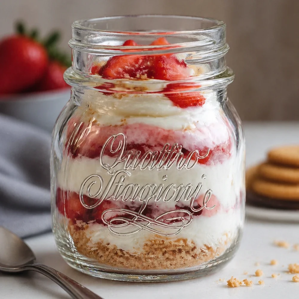 150 ml Quattro Stagioni huishoudglas gevuld met een gelaagd dessert van aardbeien en room op een wit keukenblad