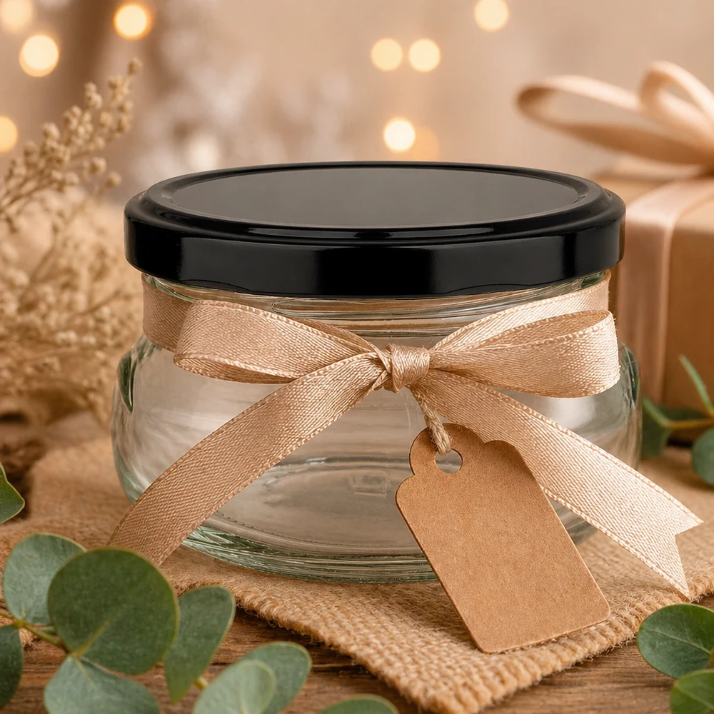 120 ml terrine als cadeau-idee met beige strik en label, zwart deksel, feestelijke decoratie