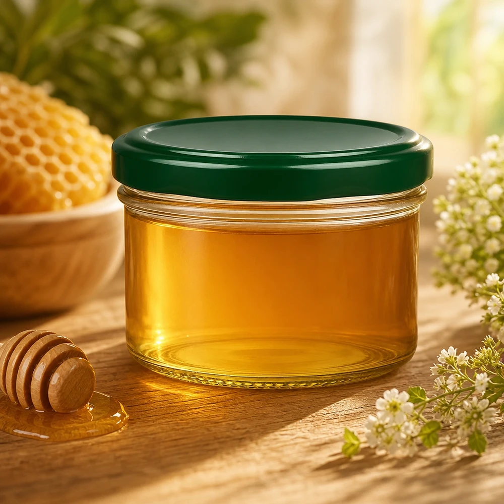 Honing bewaren in 230ml cilindrische pot met groen BasicSeal deksel naast honingraat en honinglepel