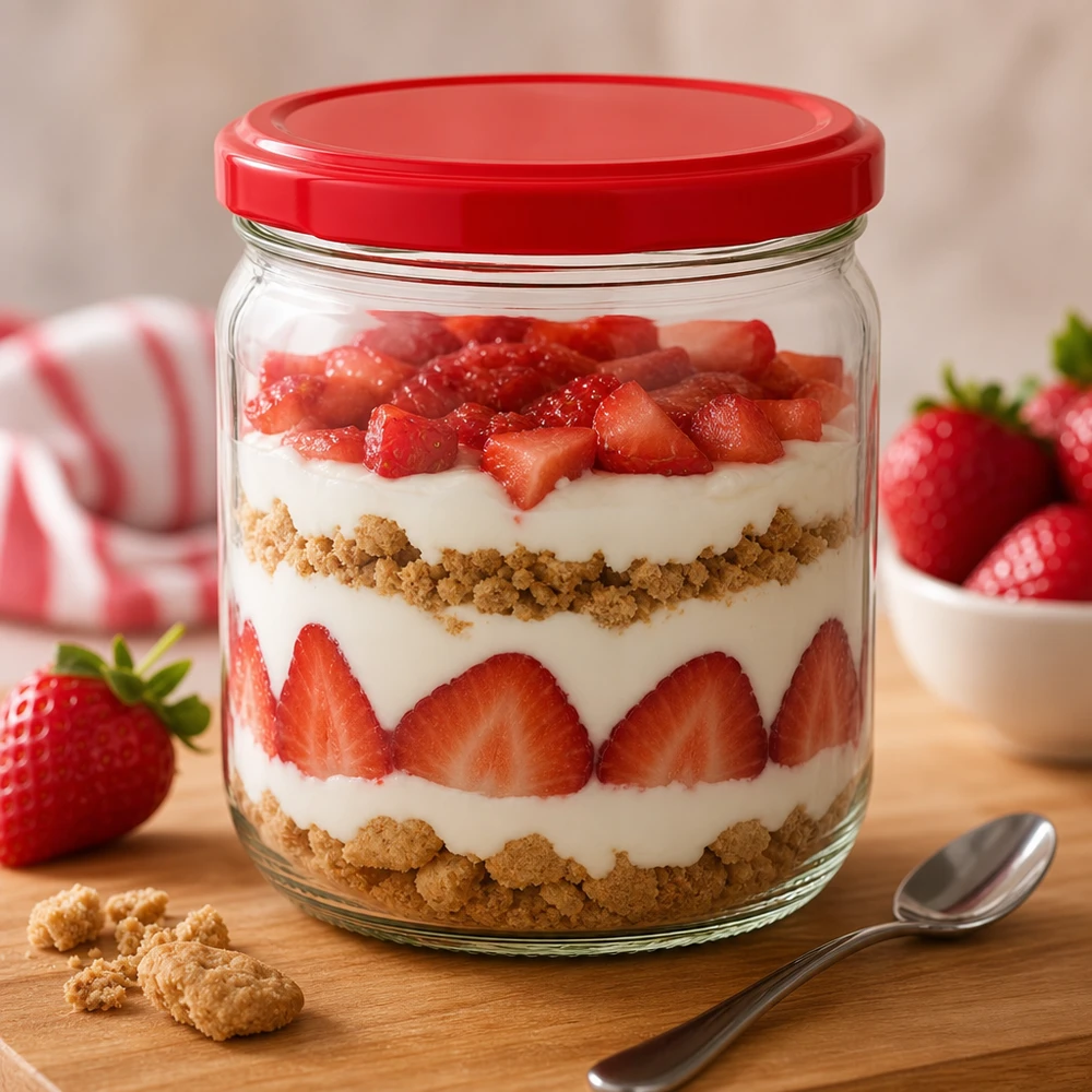 425ml rond glas met BasicSeal deksel rood UNiTWIST 425ml Rundglas mit rotem BasicSeal Deckel als Dessertglas - UNiTWIST Einmachglas für Erdbeer-Tiramisu im Schichtdessert