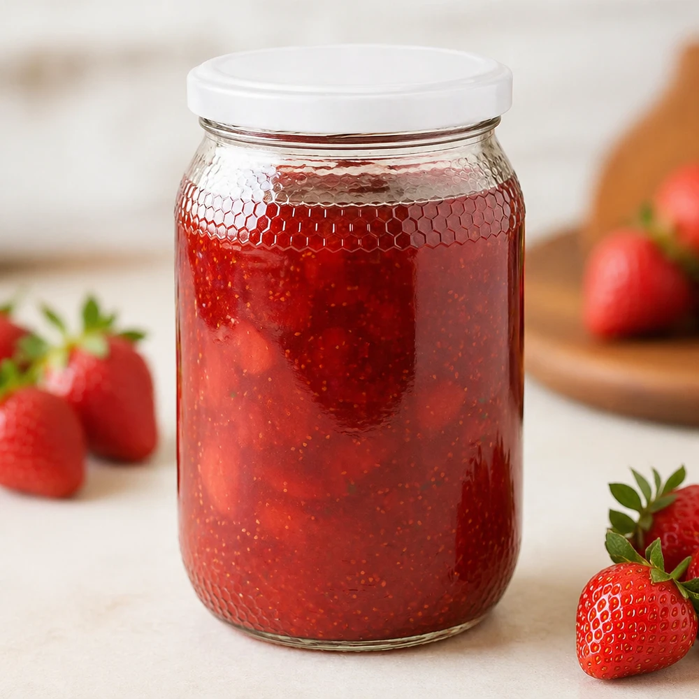 Honingpot 1260 g met witte BasicSeal UNiTWIST-deksel Honingpot 900ml gevuld met aardbeienjam demonstreert geschiktheid voor jam BasicSeal deksel UNiTWIST
