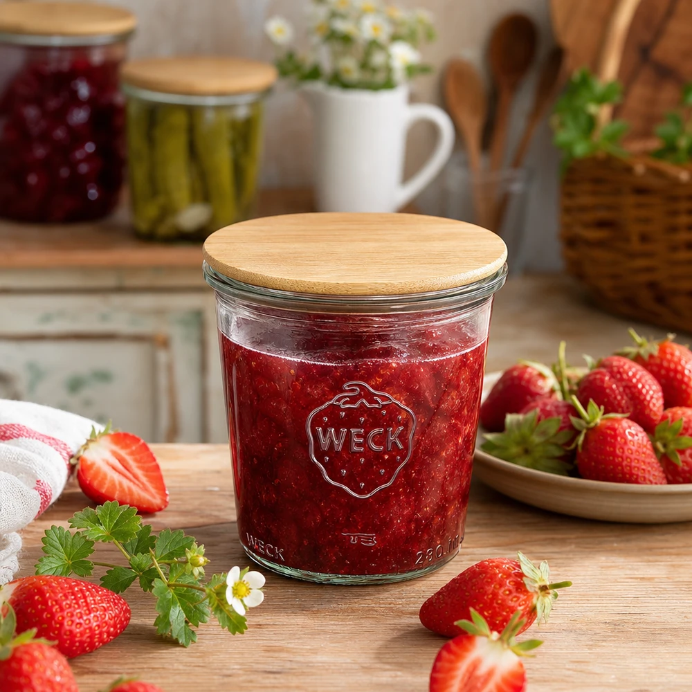 WECK inmaakpot 290ml met bamboe deksel gevuld met aardbeienjam omringd door verse aardbeien op een houten tafel