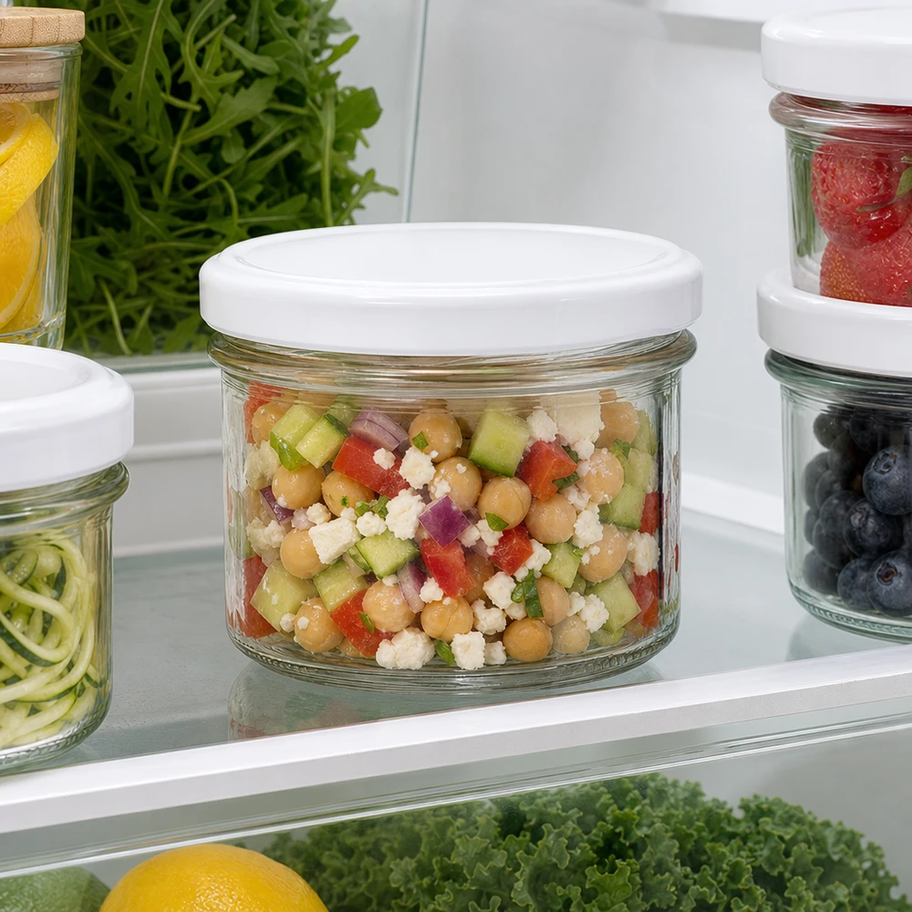 225ml bekers met BasicSeal deksel wit UNiTWIST Trommels van 225 ml in de koelkast gevuld met kikkererwtensalade zijn ideaal om Meal Prep in te bewaren