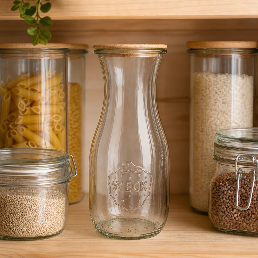 530ml sapflessen WECK RR60 met hout deksel WECK sapfles 530ml RR60 leeg tussen voorraadpotten met pasta en rijst in georganiseerde keuken met houten planken
