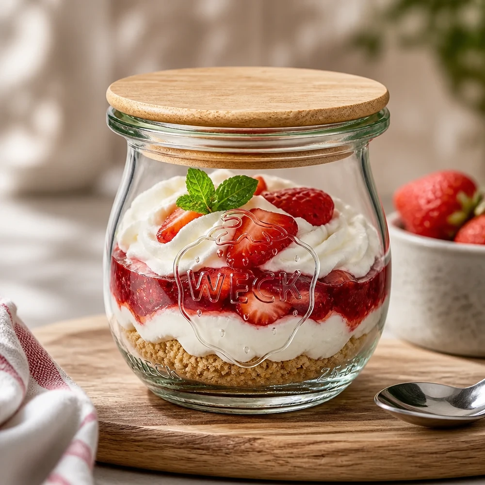 WECK tulp pot 75ml RR40 dessert pot met bamboe deksel gevuld met aardbeien dessert en room op een houten tafel