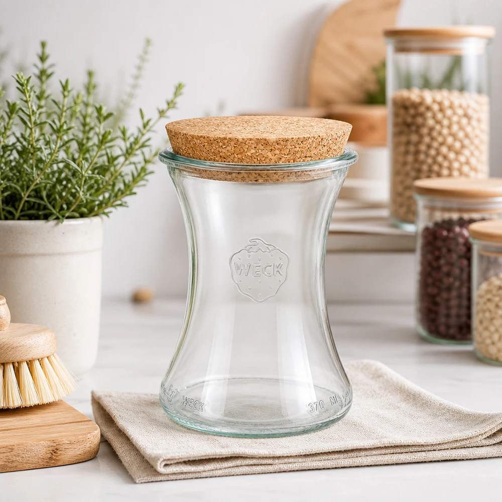 370ml delicatessenglas WECK RR80 met kurk WECK Delikatessenglas 370ml RR80 in moderner Küche mit Vorratsgläsern Kräutern und Holzaccessoires als Deko