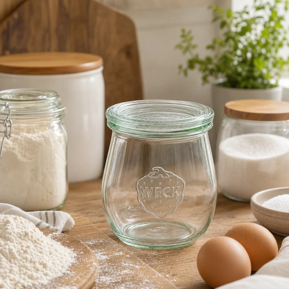 Tulpenpot van 220 ml met glazen deksel WECK RR60 WECK tulpenpot 220ml RR60 leeg in moderne keuken met kookingrediënten eieren bloem en houten keukengerei