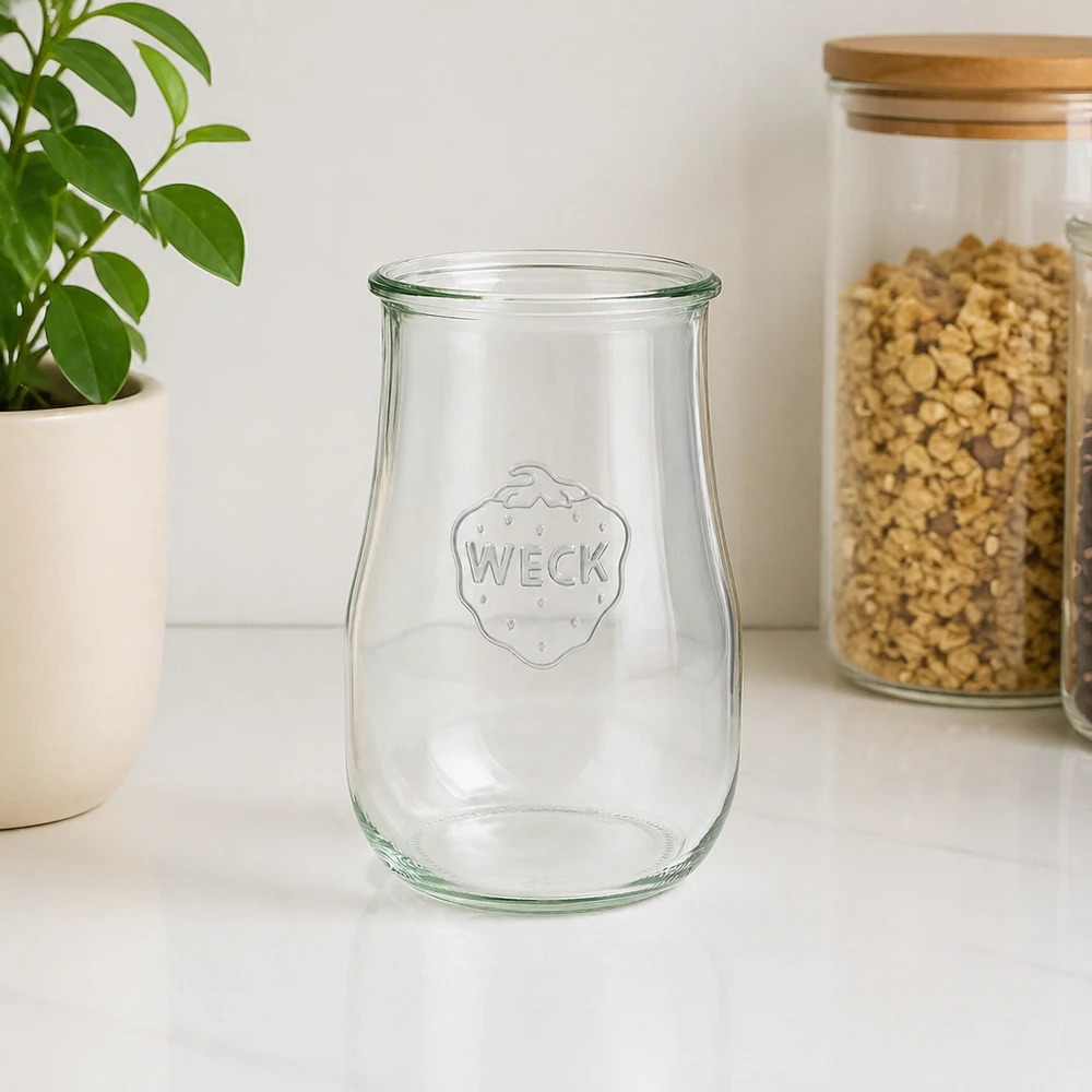 WECK tulpenpot 1750ml RR100 leeg op wit werkblad naast muesli voorraadpot en groene plant keukenontwerp