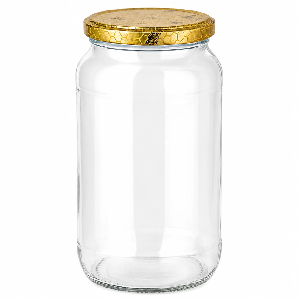 1062ml rond glas met BasicSeal deksel Honingraat UNiTWIST 1062ml ronde pot met gouden honingraat deksel - lege honingpot inmaakpot transparante BasicSeal dop