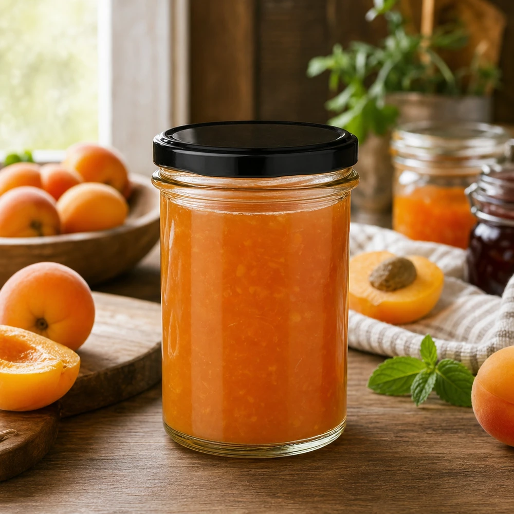 230ml bekers met BasicSeal deksel zwart UNiTWIST 230 ml pot BasicSeal zwart gevuld met abrikozenjam tussen verse abrikozen Keukenscènejam