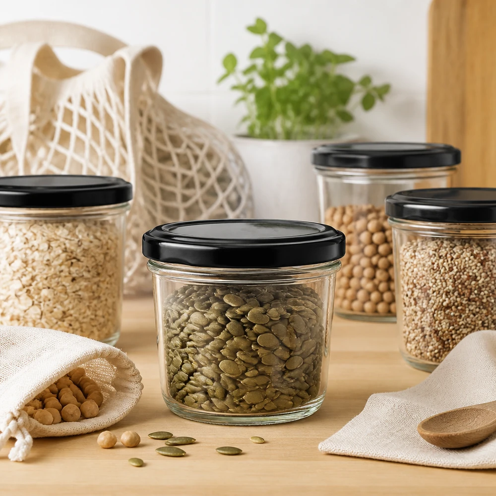 230ml bekers met BasicSeal deksel zwart UNiTWIST 230ml Sturzglas mit grünen Linsen in stylischer Küchenszene zeigt moderne Aufbewahrung für Hülsenfrüchte und Vorräte