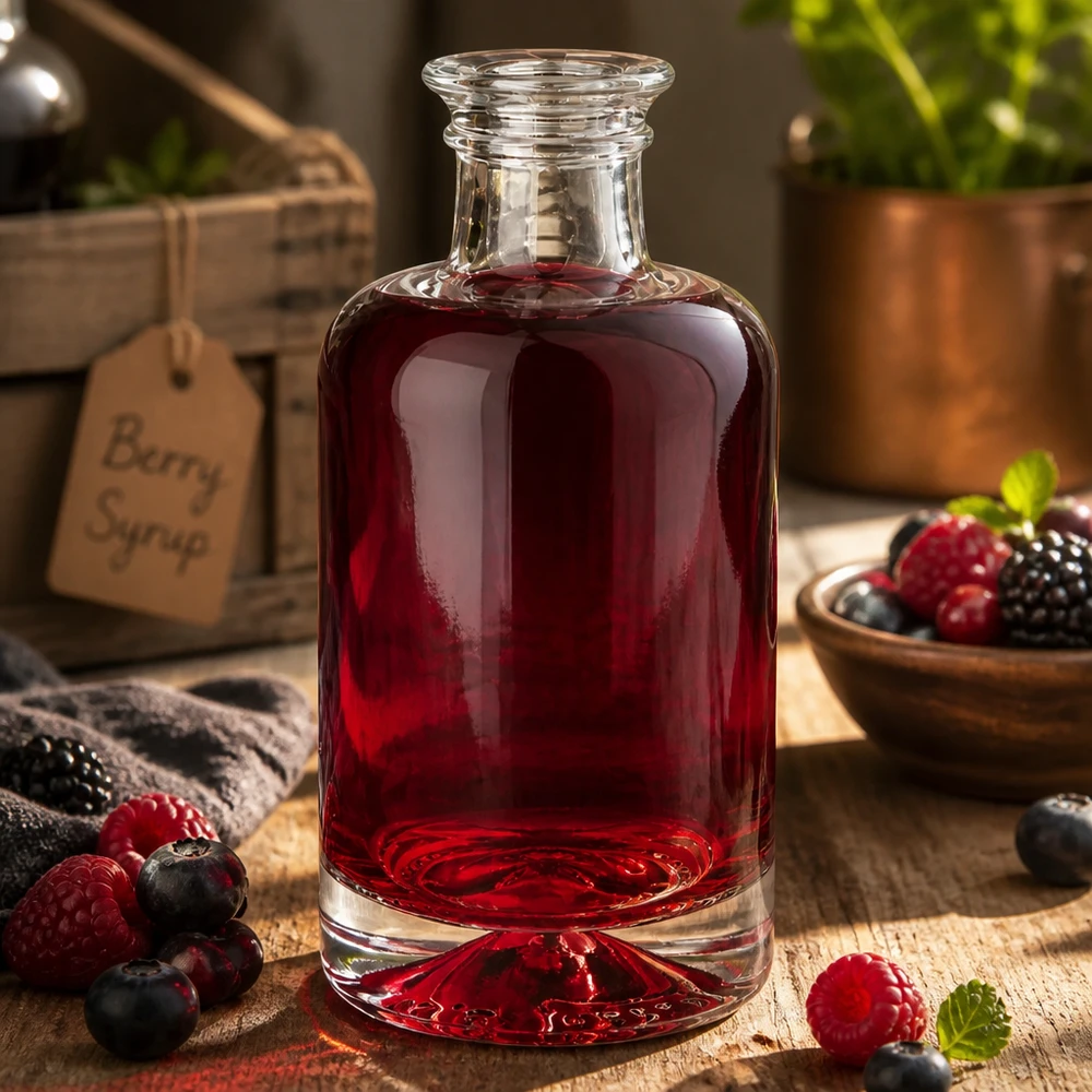 100 ml apothekersfles Sofia zonder sluiting UNiTWIST® 100ml Sofia glazen fles gevuld met rode bessensap omringd door verse bessen op een rustieke houten achtergrond