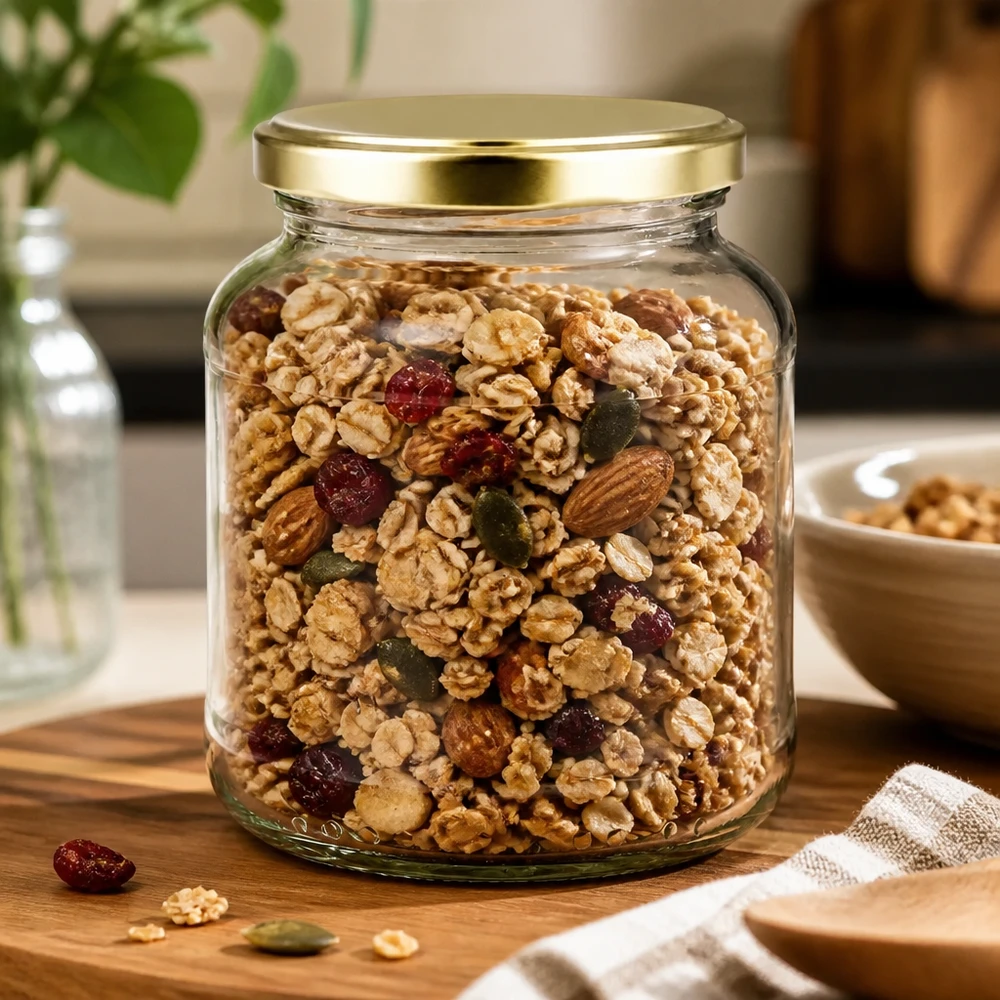 370ml ovaal glas met BasicSeal deksel goud UNiTWIST 370 ml ovale pot met gouden BasicSeal deksel gevuld met noten en gedroogd fruit mix - UNiTWIST voorraadpot voor muesli