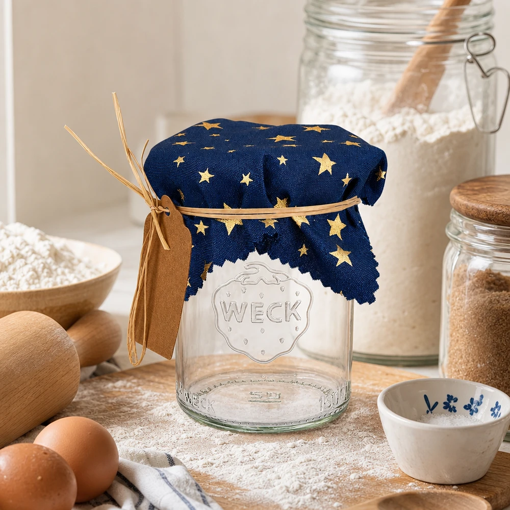 Stoffen doily sterren blauw 120x120mm vierkant Blauwe ster 12cm op een lege inmaakpot in een rustieke keuken met eieren, bloem en bakingrediënten