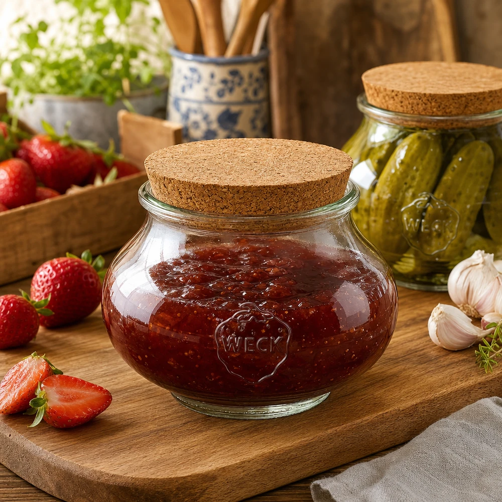 WECK voorraadpot 560ml met kurken deksel in rustieke keuken gevuld met jam naast aardbeien en augurken