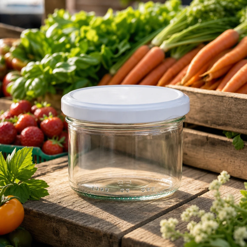 230ml cilindrische pot met BioSeal deksel wit UNiTWIST Lege cilindrische pot van 230 ml met wit BioSeal-deksel omringd door vers fruit en groenten op een houten tafel
