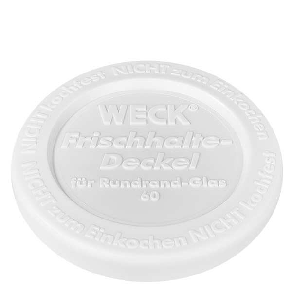 50ml stortglas met vershouddeksel WECK RR60 Witte vershouddeksel van de WECK 50ml RR60 bekers met het reliëf van de fabrikant en informatie over de maat in close-up