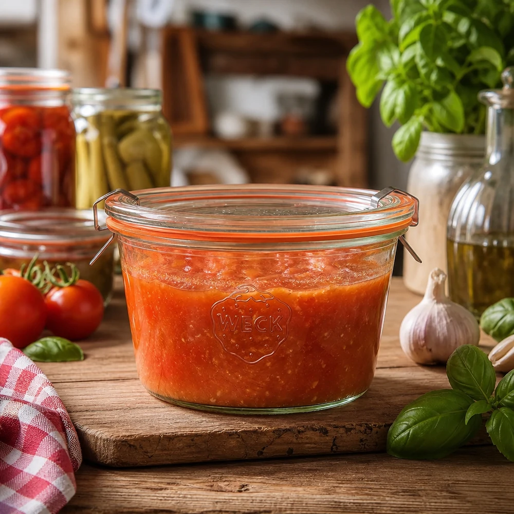 370ml stortglas compleet WECK RR100 WECK RR100 bekers 370ml in rustieke keuken gevuld met tomatensaus toont praktisch gebruik voor het conserveren