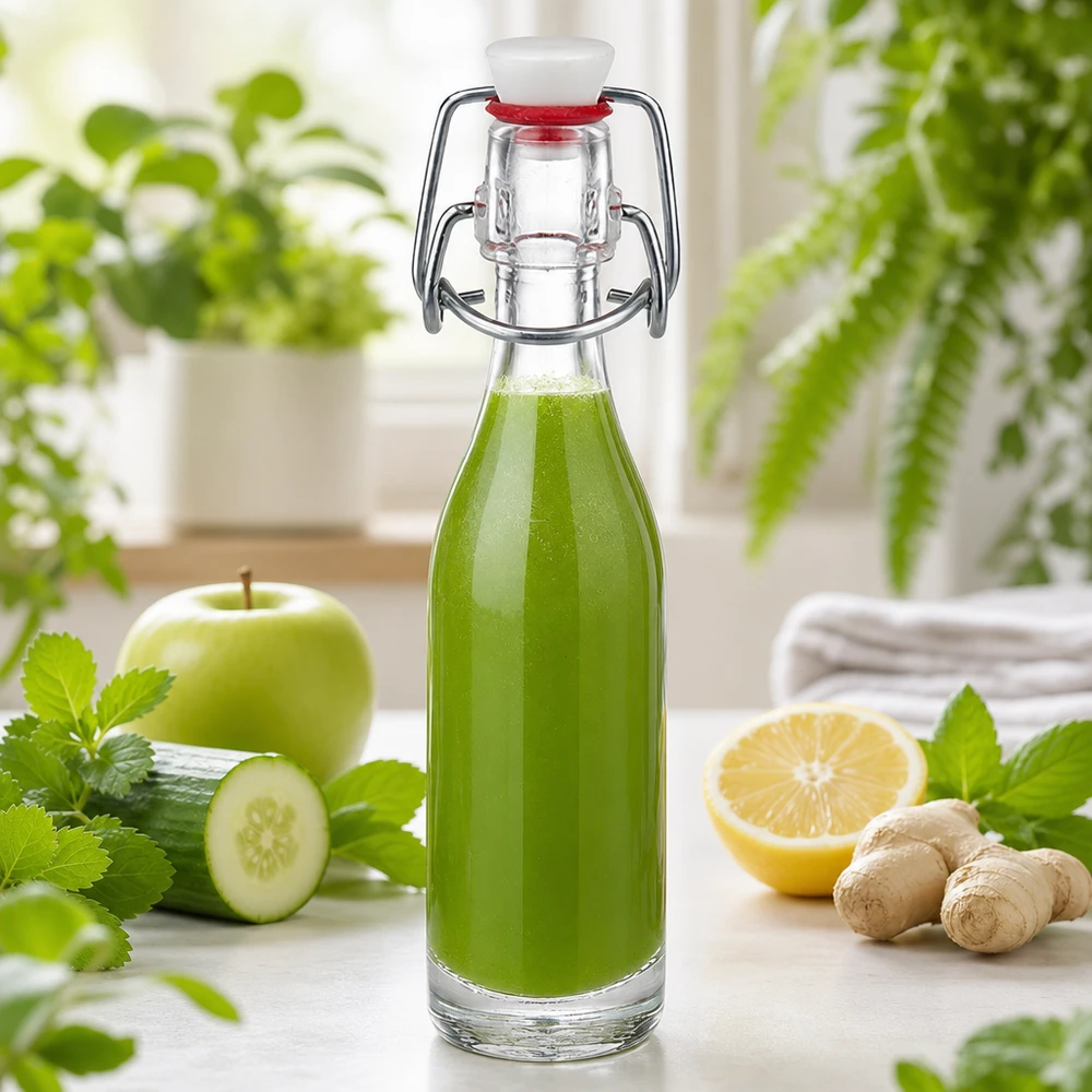 Glazen flesje van 50 ml UNiTWIST gevuld met groene smoothie met komkommer, appel, gember en citroen als gezonde drankoptie
