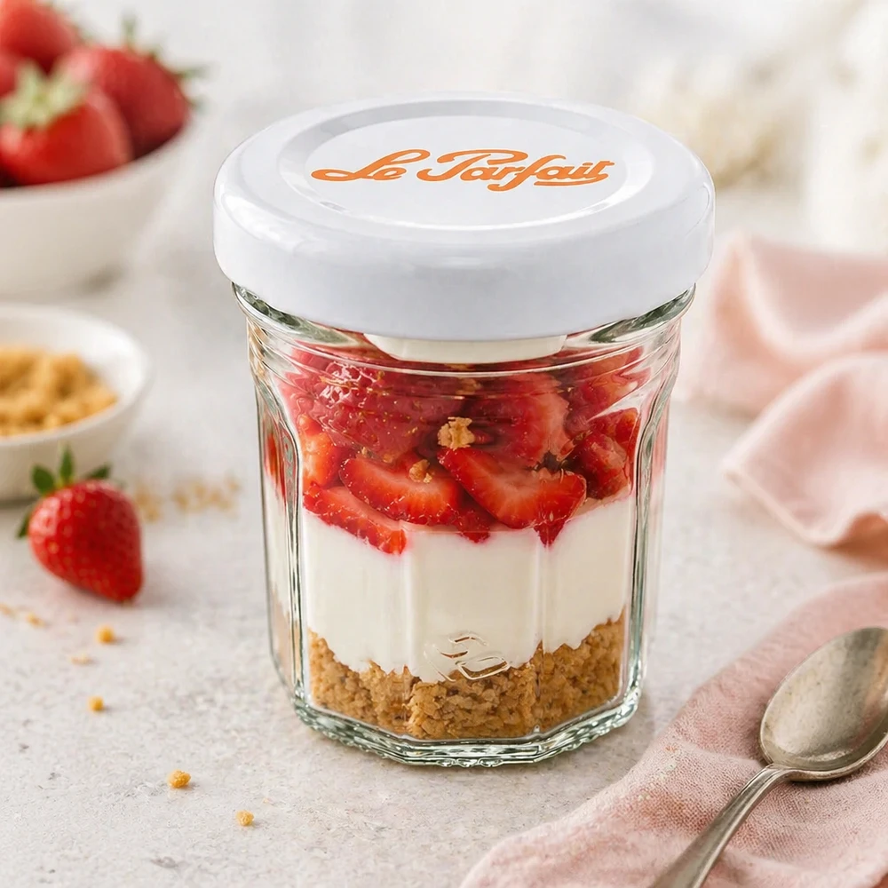 Le Parfait® Mini‑Jam 44 ml Ø48 mm pot Le Parfait 44ml mini tumblers als dessertglas met aardbeien, room en biscuitbodem - veelzijdig gebruik