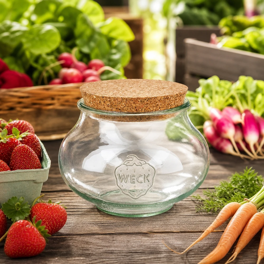WECK RR100 voorraadpot 1062ml lifestyle tafereel met verse groenten fruit kurk deksel keuken opslag