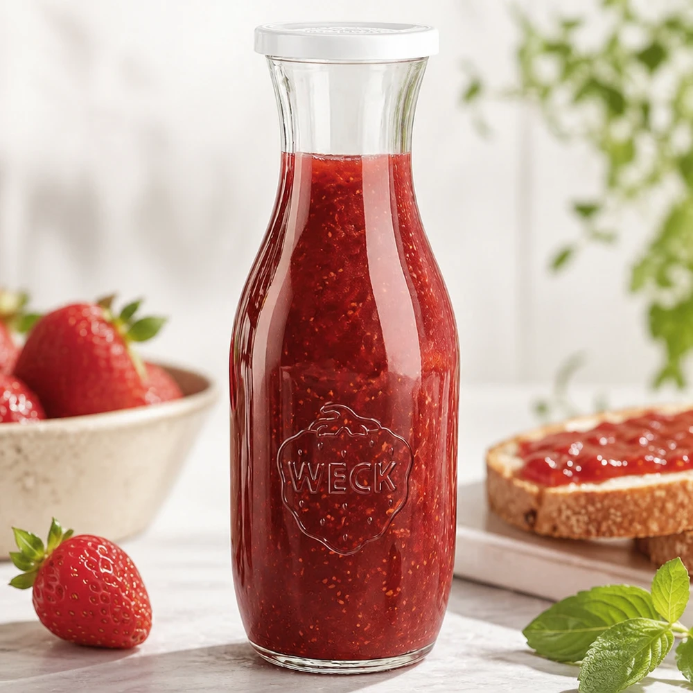 Sapfles van 1062 ml met vershouddeksel WECK RR60 WECK glazen fles 1062ml gevuld met aardbeienjam naast verse aardbeien en brood met beleg