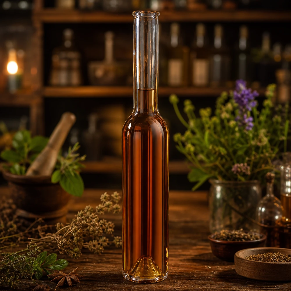 200 ml glazen fles Hugo zonder sluiting UNiTWIST® 200ml glazen fles Hugo bruin gevuld kruidenlikeur apothekersfles kruiden medicinale kruiden vintage sfeer