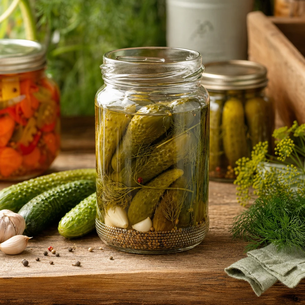 110ml rond glas zonder deksel (TO48) UNiTWIST Ingemaakte komkommers in een UNiTWIST Runda110 ronde pot 110ml TO48 met dille en kruiden op een houten tafel