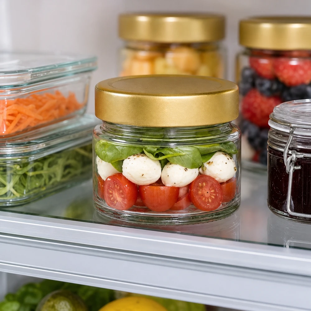 80ml rond glas met BasicSeal deksel goud deep UNiTWIST Caprese-Salat im 80ml Rundglas mit goldenem Deckel im Kühlschrank - praktische Aufbewahrung für Meal Prep
