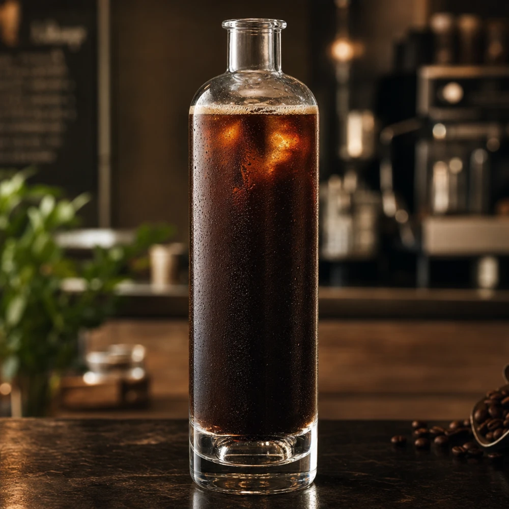 500 ml glazen fles Ella gevuld met cold brew koffie in keuken cilindrische vorm zonder dop UNiTWIST toepassingsvoorbeeld