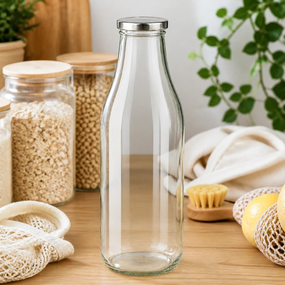 1000ml fles met BasicSeal deksel zilver UNiTWIST 1000ml BasicSeal zilveren glazen fles op een houten tafel met duurzame keukenaccessoires en planten Zero waste lifestyle