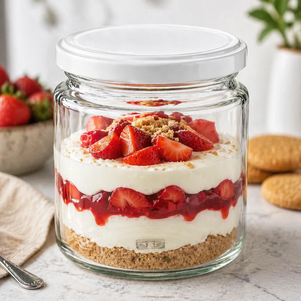 Honingpot 350 g met witte BasicSeal UNiTWIST-deksel 250 ml honingpot als dessertpot voor aardbeientiramisu met BasicSeal deksel, veelzijdig gebruik in de keuken