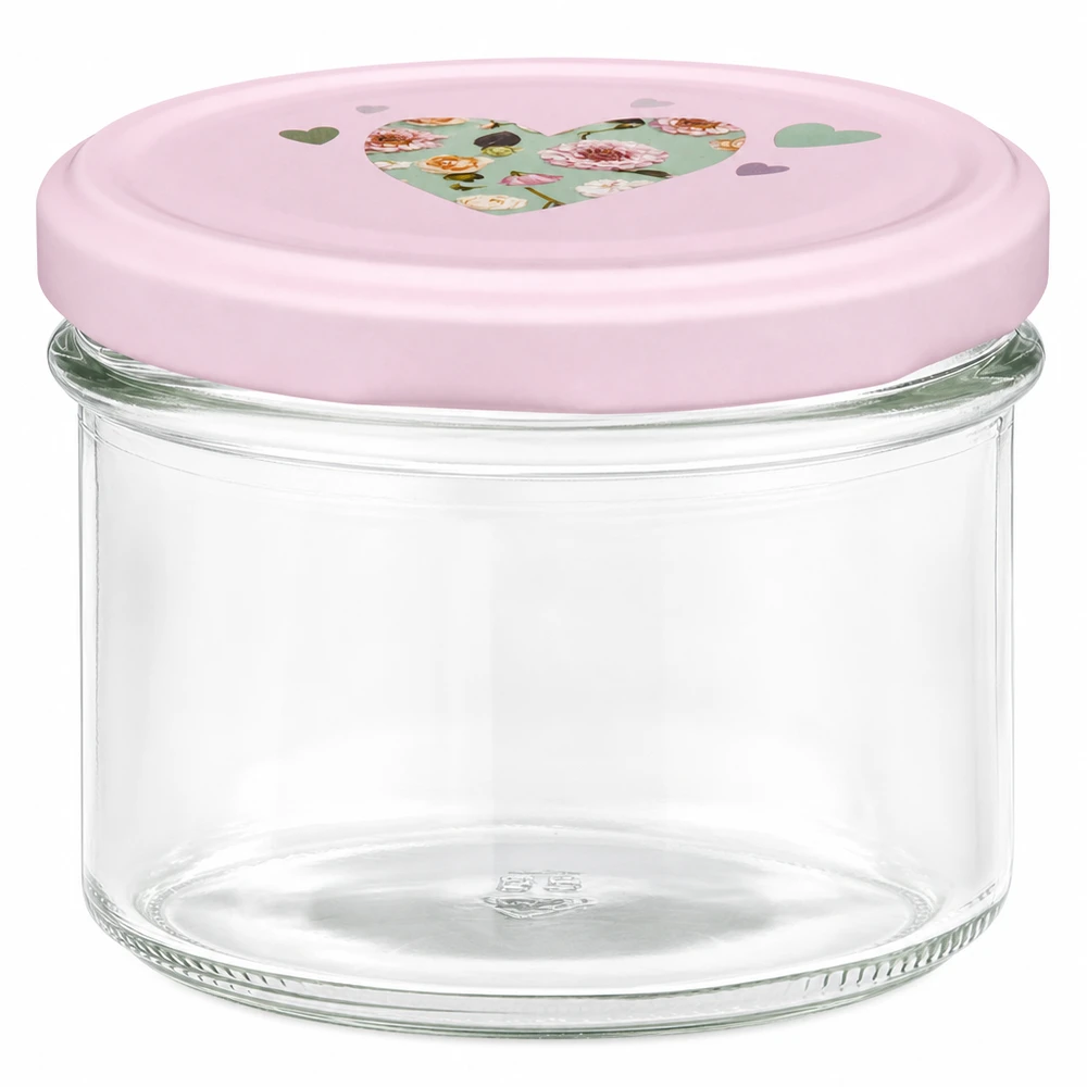 Glazen van 225 ml + BasicSeal-deksel met roze hart UNiTWIST 225 ml mason jar met roze BasicSeal deksel en hartjesmotief voor jam- en inmaakpotten