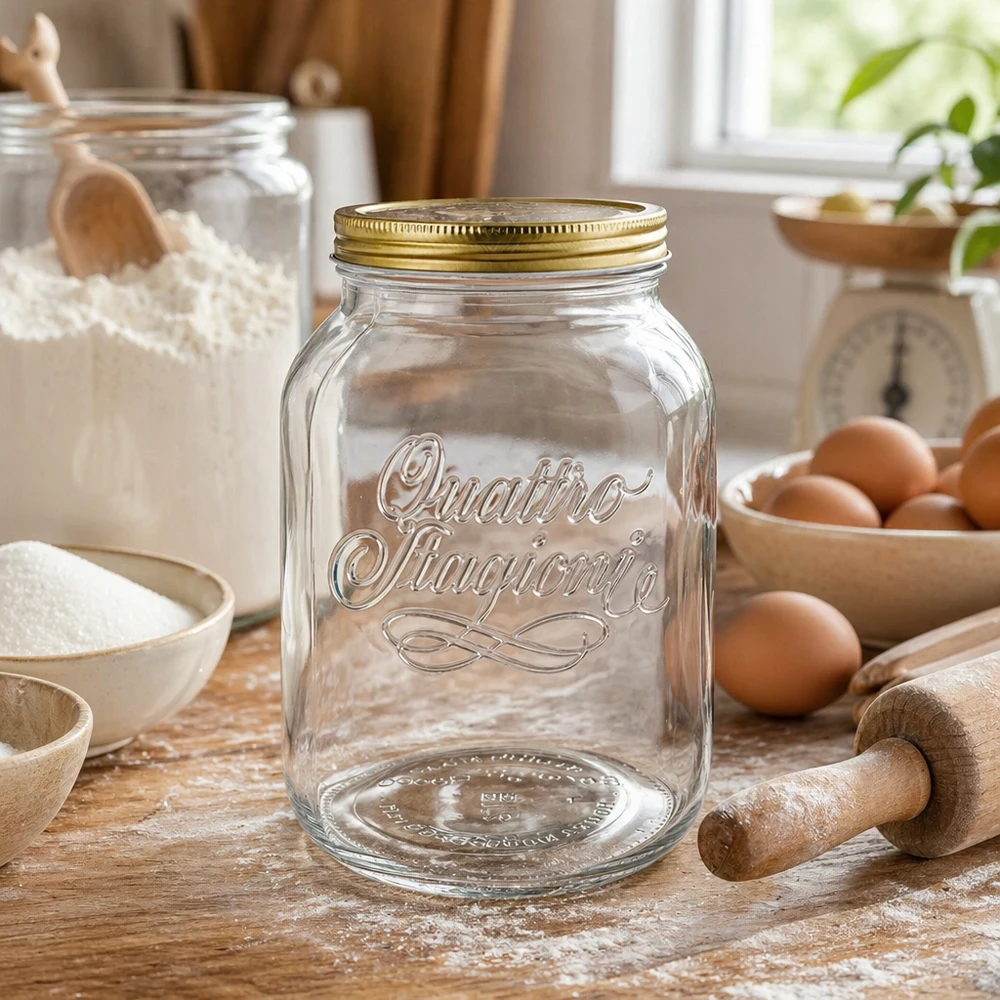 3000 ml rond glas "Quattro Stagioni" met deksel Quattro Stagioni 3000ml glazen pot in keuken met bakingrediënten bloem eieren en deegroller voor opslag