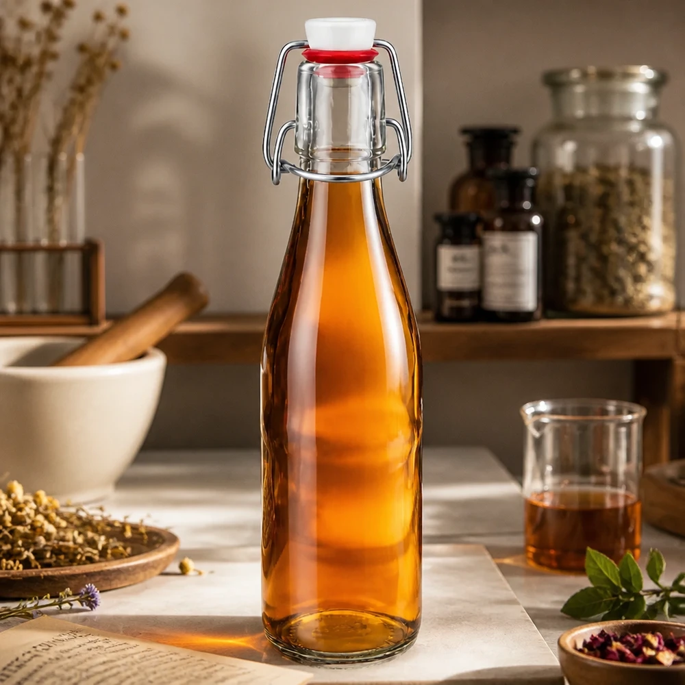 Glazen fles van 250 ml + zwenktop porseleinen UN... 250ml glazen fles met draaidop gevuld met amberkleurige vloeistof in rustieke keuken met kruiden