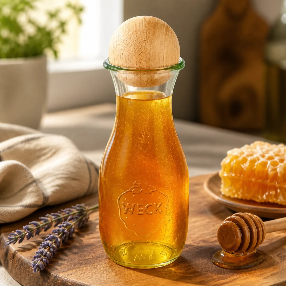 530ml sapflessen WECK RR60 met houten bal 530ml WECK glazen fles gevuld met honing en beukenhouten bol op houten plank gedecoreerd met honingraat en lavendel